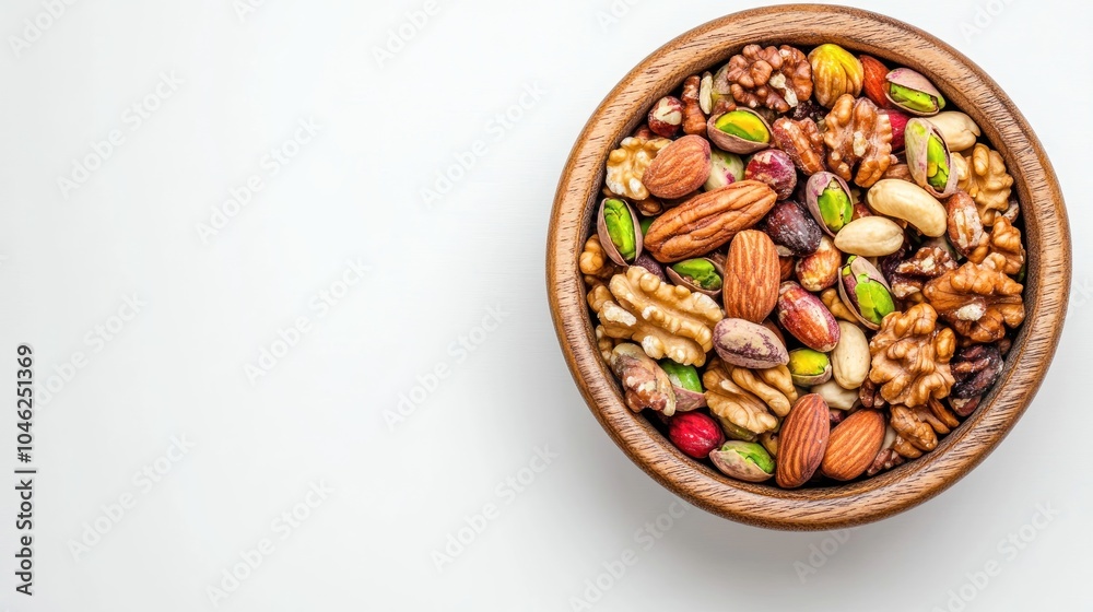 A wooden bowl filled with a variety of mixed nuts for healthy snacking. A wooden bowl filled with a variety of mixed nuts for healthy snacking.