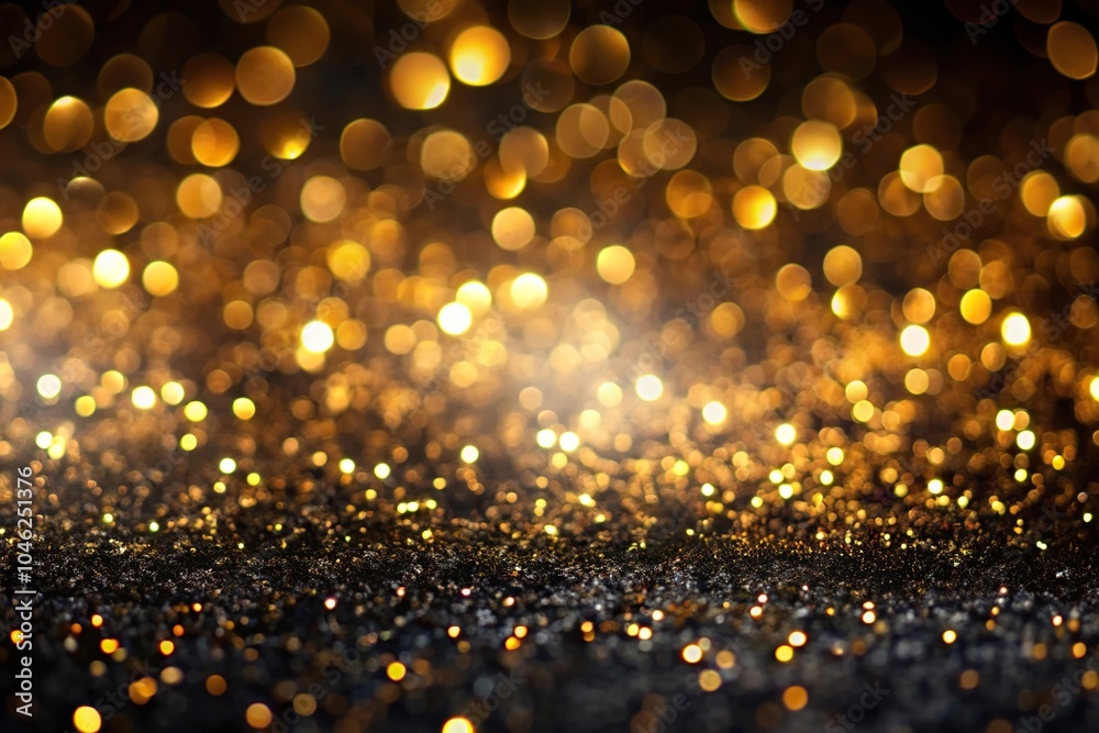 Stunning black bokeh background with gold shimmer particles, extreme close-up Stunning black bokeh background with gold shimmer particles, extreme close-up