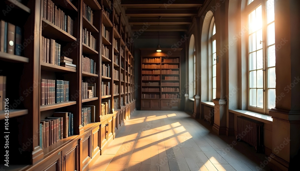 Stylish library interior with wooden bookcase in row, Stylish library interior with wooden bookcase in row,