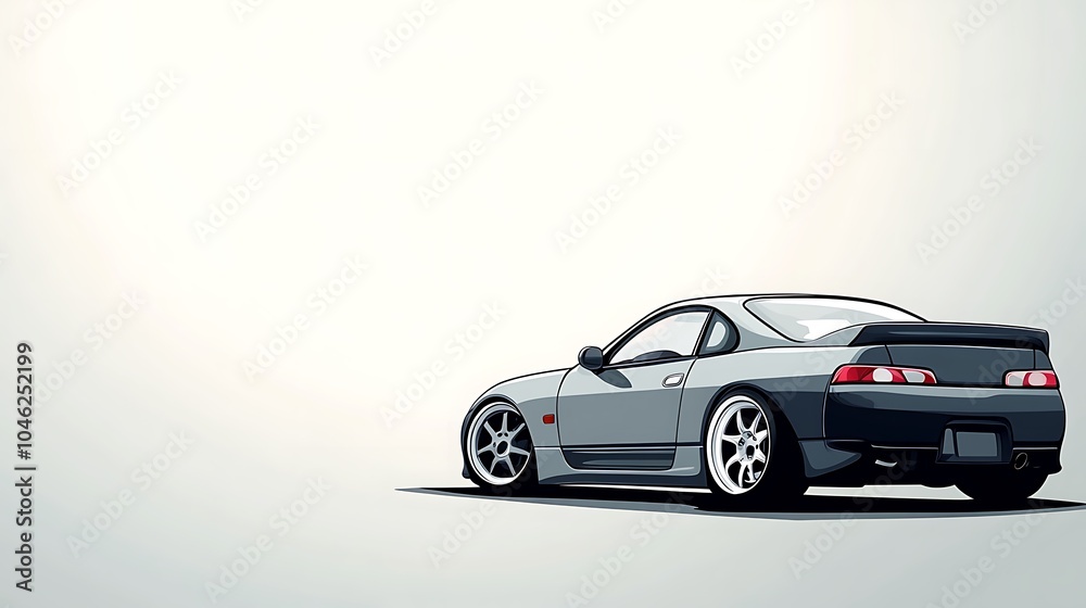 A stylized illustration of a sports car parked against a minimalistic background. A stylized illustration of a sports car parked against a minimalistic background.