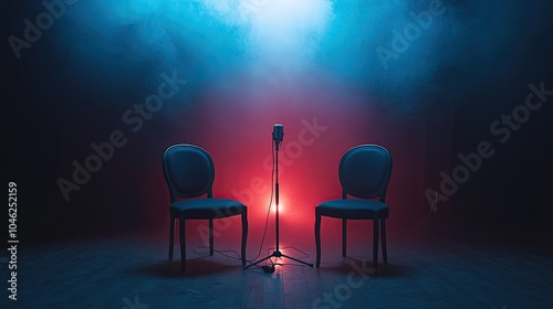 Isolated on a dark background, two chairs and microphones in an interview or podcast room serve as a broad banner for media discussions or podcast streamers' ideas with copyspace.