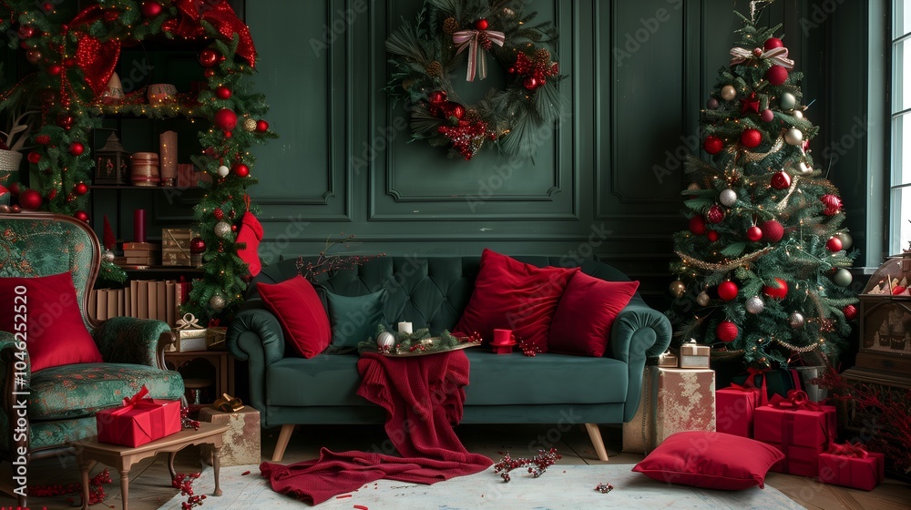Classy luxury Christmas decorated living room in dark green and red colors. Interior of traditional and authentic holiday season Classy luxury Christmas decorated living room in dark green and red colors. Interior of traditional and authentic holiday season