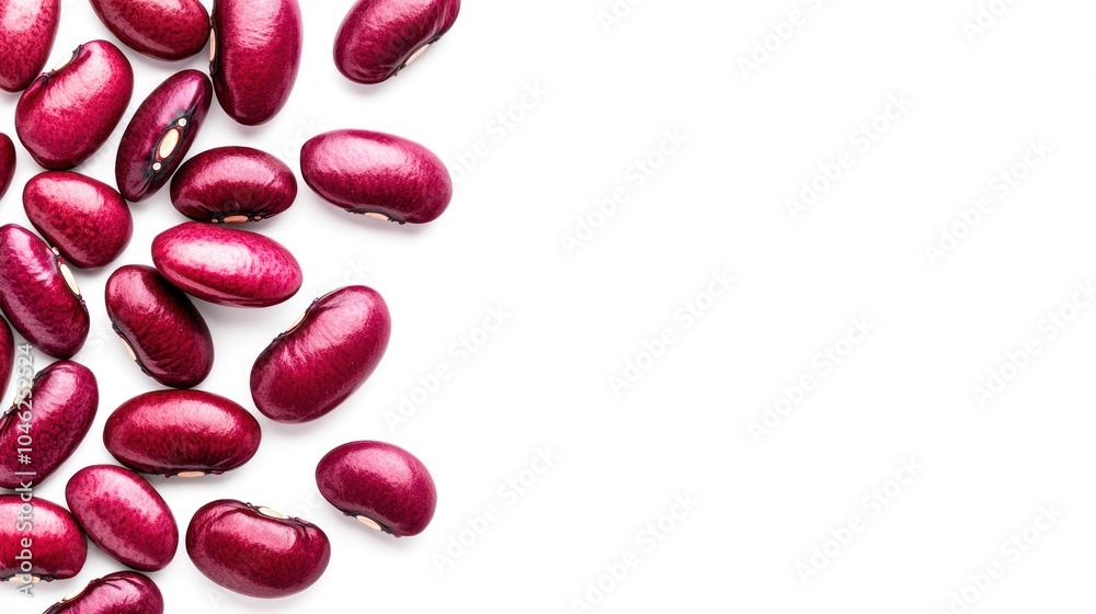 A collection of shiny red kidney beans on a white background. A collection of shiny red kidney beans on a white background.