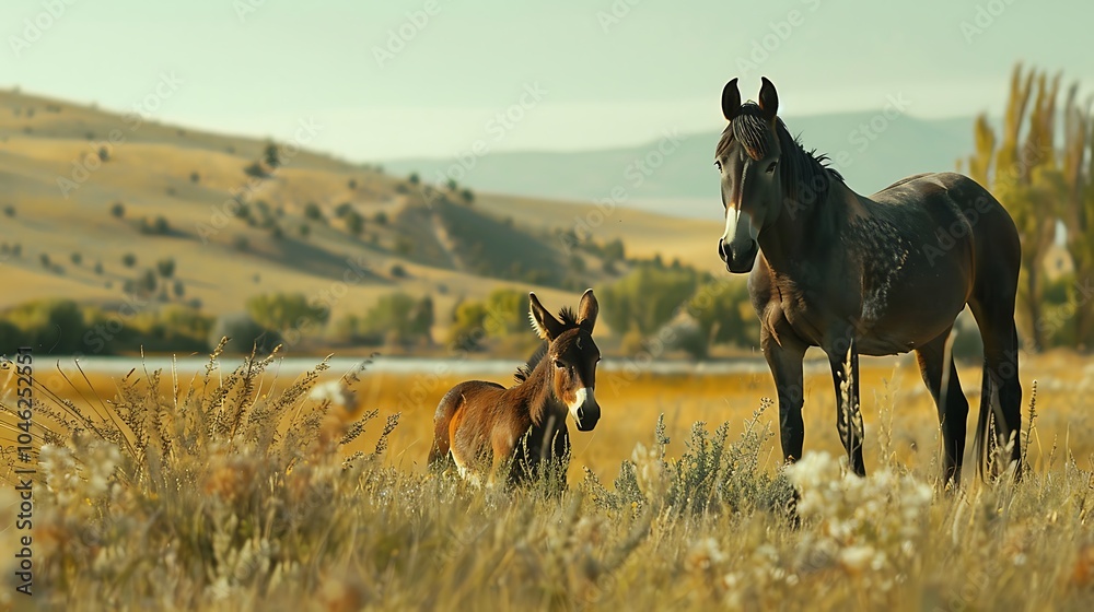 A horse and a donkey sharing a pasture A horse and a donkey sharing a pasture