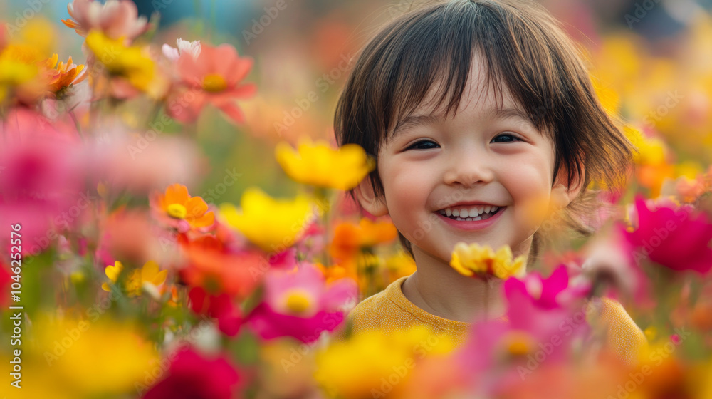 A candid portrait of a child smiling brightly, captured in motion while playing in a field of flowers A candid portrait of a child smiling brightly, captured in motion while playing in a field of flowers