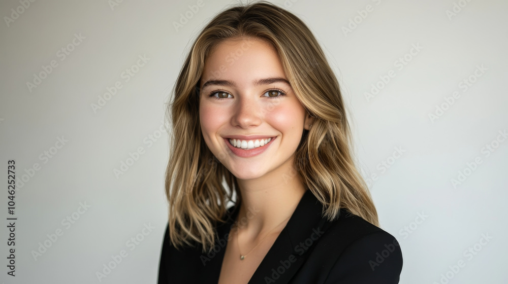 A clean, sharp headshot of a young professional on a plain white background, with the focus on her eyes and smile A clean, sharp headshot of a young professional on a plain white background, with the focus on her eyes and smile