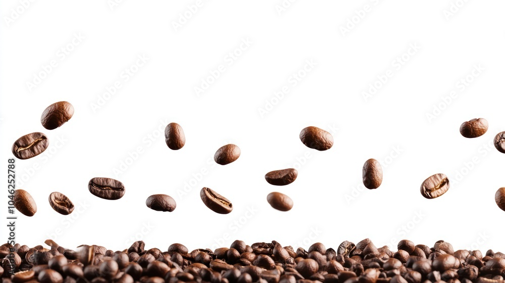 Floating coffee beans above a pile of ground coffee, showcasing the essence of coffee. Floating coffee beans above a pile of ground coffee, showcasing the essence of coffee.