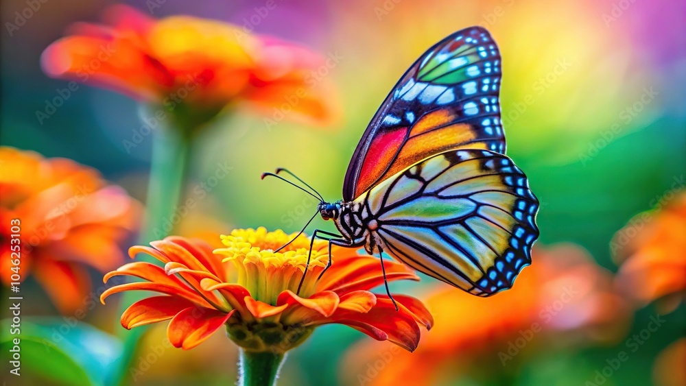Fototapeta premium A colorful rainbow-colored butterfly perched on a bright orange flower, wildlife, outdoors, rainbow butterfly