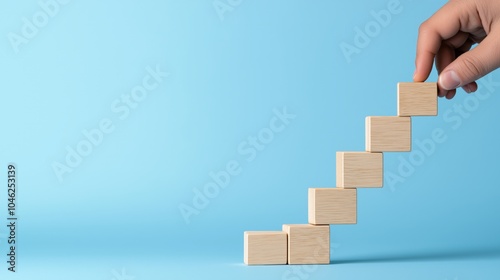 Hand placing wooden blocks, representing growth and achievement, blue isolated background.
