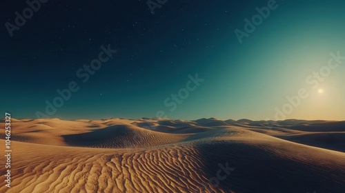 Golden Desert Dunes Under Clear Sky at Sunset