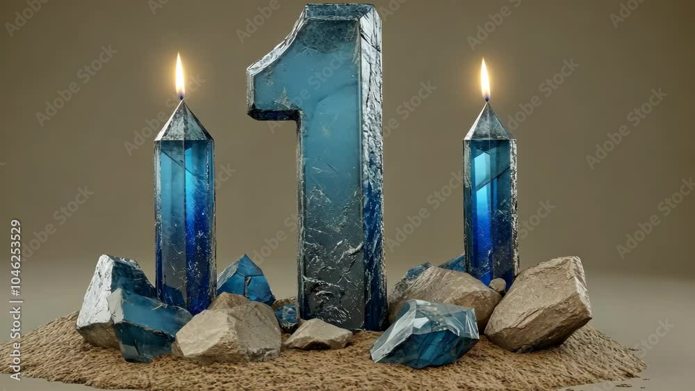 A crystal-shaped number one sits between two lit candles, surrounded by rocks and sand