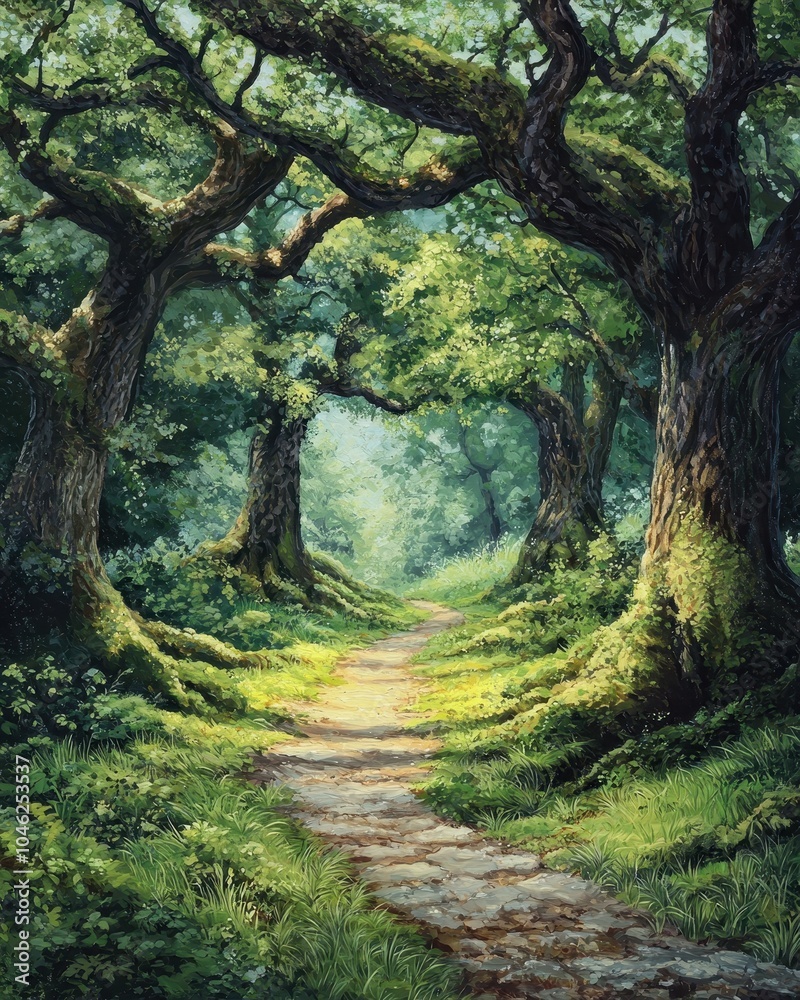 Obraz premium Enchanted Forest Pathway Through Ancient Oaks