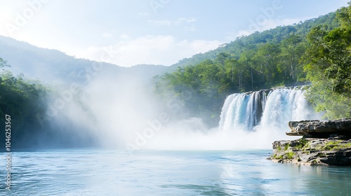 Stunning waterfall flowing into a pristine river with mist rising, surrounded by dense forest, plenty of space for advertising text, deep depth of field, national geographic photography style,