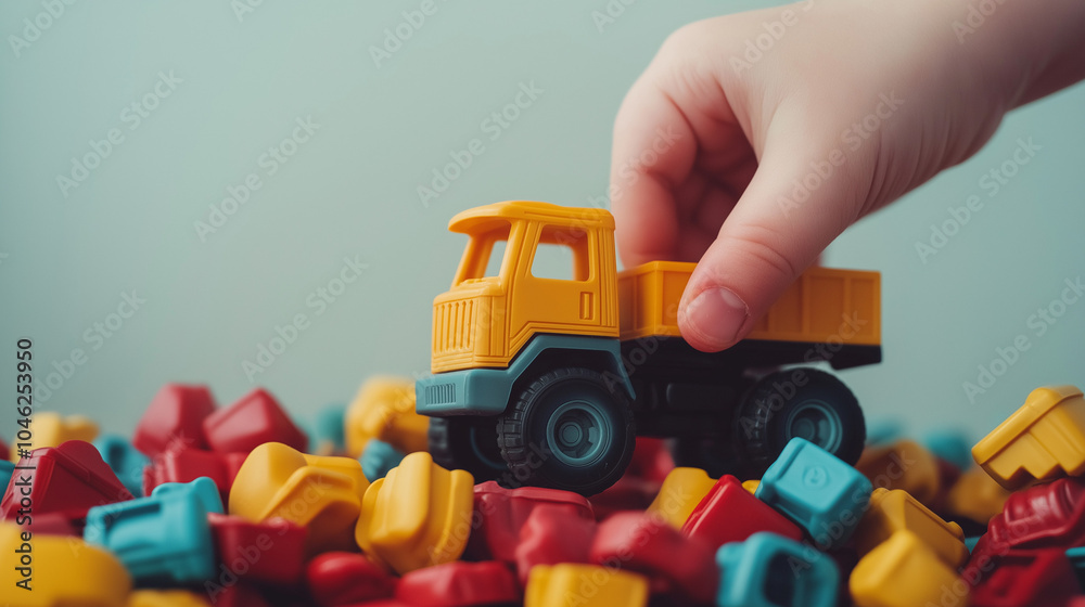 small hand reaches for a yellow toy truck,surrounded by a vibrant mix of colorful building blocks scattered across a playful setting,copy space small hand reaches for a yellow toy truck,surrounded by a vibrant mix of colorful building blocks scattered across a playful setting,copy space