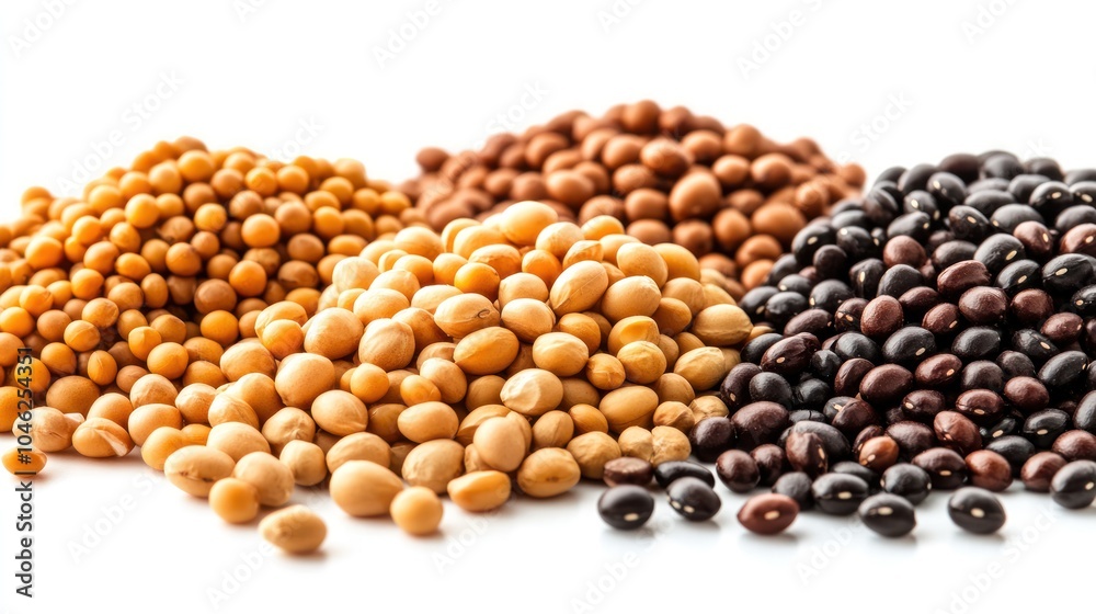 A variety of legumes and seeds displayed in piles for culinary use.