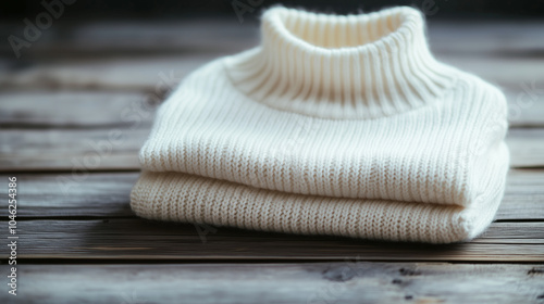 neatly folded white turtleneck sweater rests on a weathered wooden surface,creating a cozy and inviting atmosphere in soft indoor light,copy space