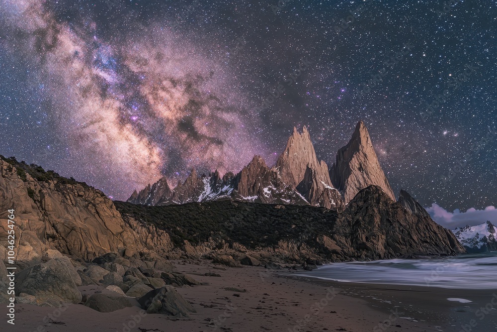 Obraz premium Majestic Mountain Range Under Starry Night Sky