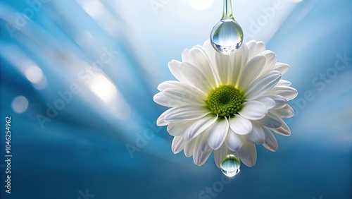A drop of water hanging from a white flower, water droplets, leafy branch, flower stem, white flower