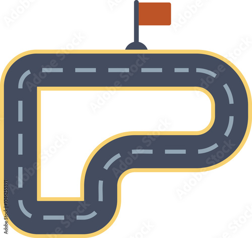 Winding asphalt road leading to finish line with red flag marking the goal of journey