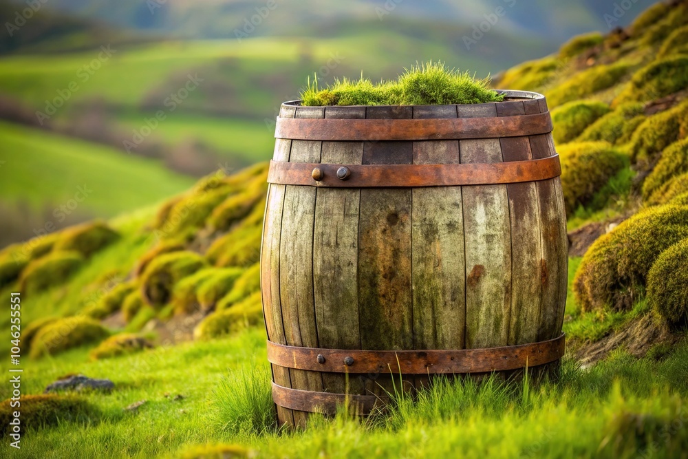 Aged oak whiskey barrel with patina and moss growing on its surface sitting on a grassy hillside, whiskey barrel, earthy tone, outdoor scene Aged oak whiskey barrel with patina and moss growing on its surface sitting on a grassy hillside, whiskey barrel, earthy tone, outdoor scene