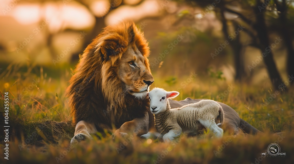 Obraz premium A lion and a lamb sharing a peaceful moment