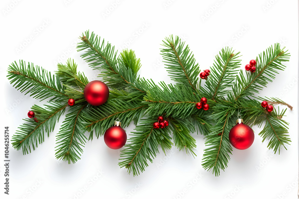 Christmas tree branch with red balls in isolate white background Christmas tree branch with red balls in isolate white background