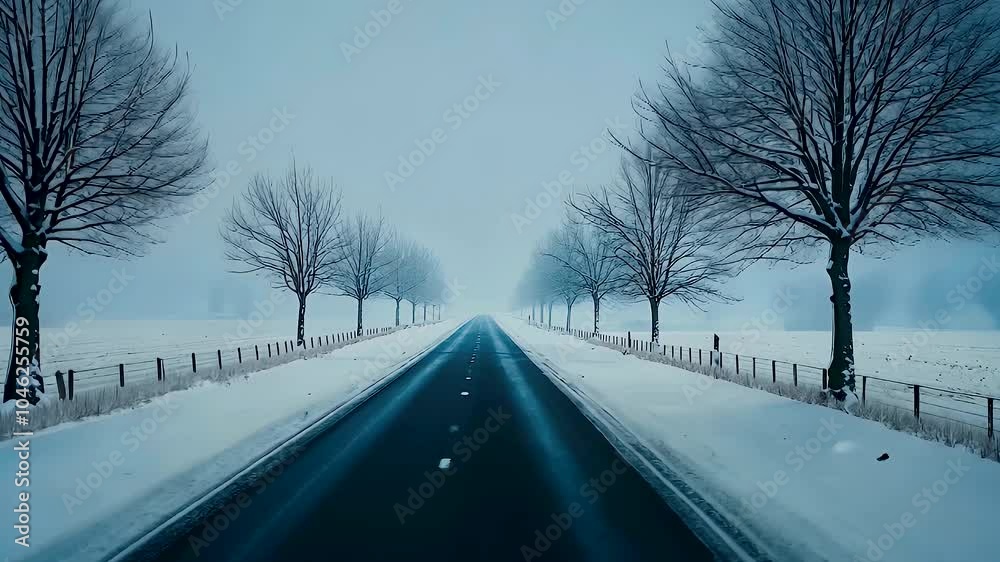 Serene winter landscape with snow covered road and bare trees, evoking calm and tranquility in natures cold embrace, perfect for winter photography enthusiasts.