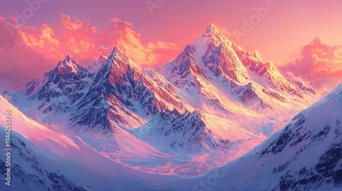 Snow-Covered Mountain Peaks at Sunset Glow