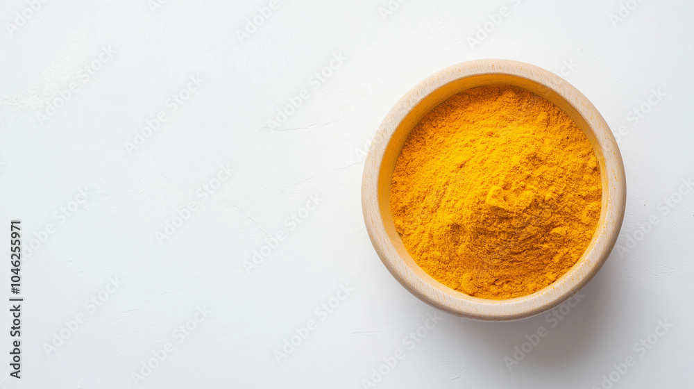Vitamin C concept,wooden bowl contains vibrant yellow turmeric powder,commonly used in cooking and traditional remedies,sitting on a white background,copy space Vitamin C concept,wooden bowl contains vibrant yellow turmeric powder,commonly used in cooking and traditional remedies,sitting on a white background,copy space
