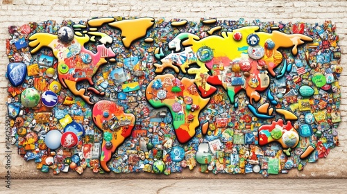 A colorful, artistic map of the world made from various vibrant objects and icons.