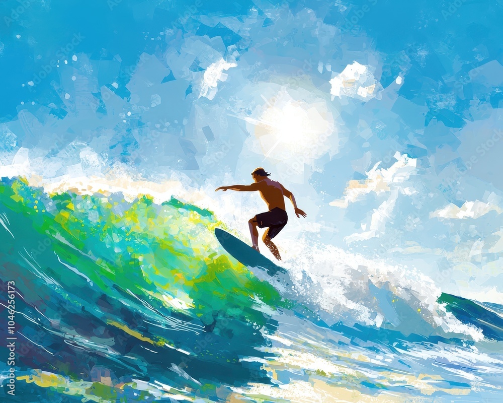 Surfer Riding a Perfect Wave Under Bright Blue Sky Surfer Riding a Perfect Wave Under Bright Blue Sky