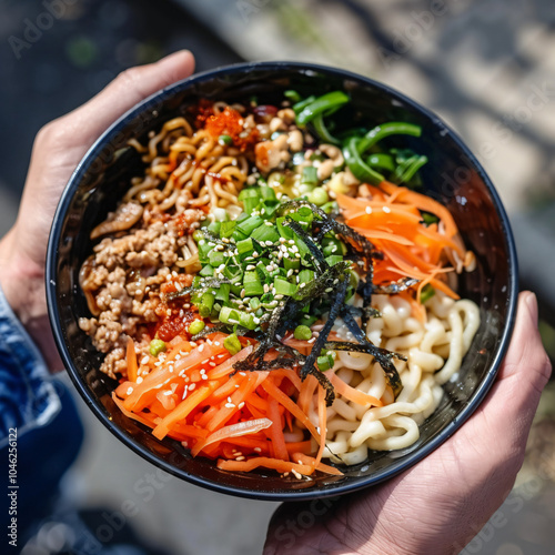 High resolution photo vibrant healthy noodle bowl, garnished fresh vegetables, cooked egg, delicious visually appealing presentation ramen green onion topping korean bibimbub instant asia food hand photo