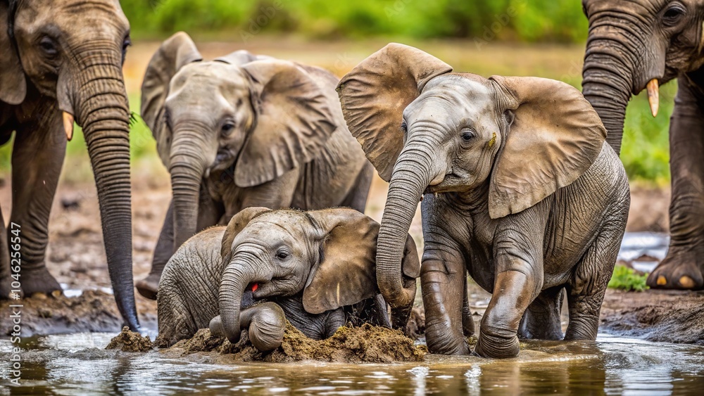 Fototapeta premium A group of baby elephants playing in the mud, with one elephant covered in slime and ivory tusks visible, playful behavior, animal behavior study
