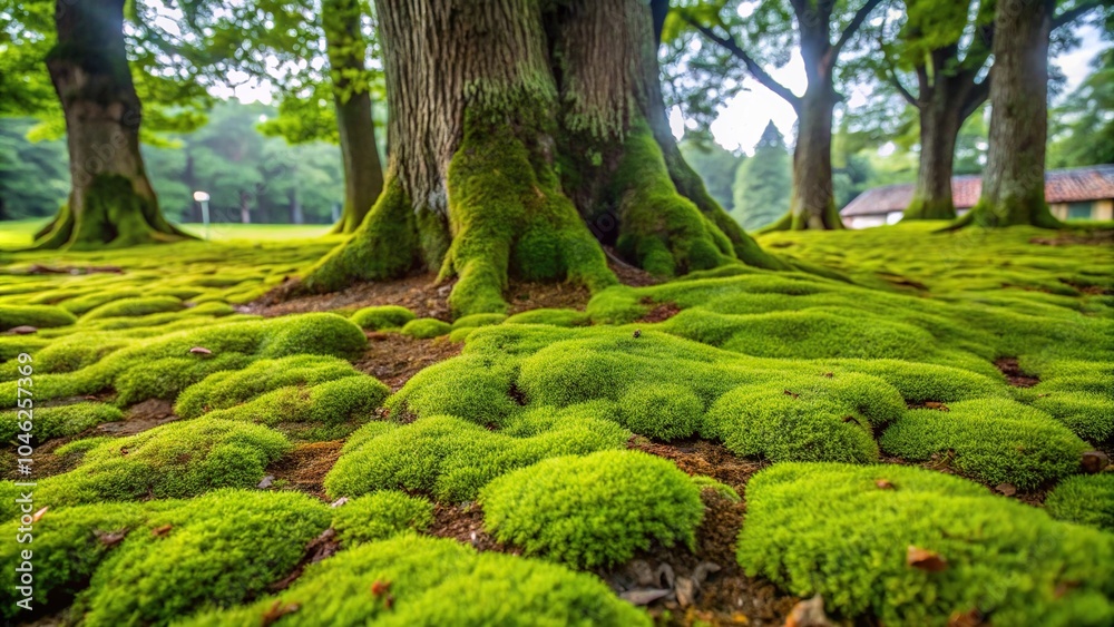 A large patch of khaki-colored moss growing in a damp and shaded area beneath a tree, khaki, shaded area, moss, forest floor, green plants