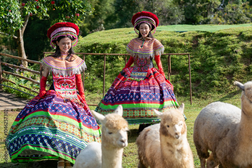 Two women in colorful traditional dresses interact with alpacas in a rural outdoor setting, surrounded by greenery and trees.