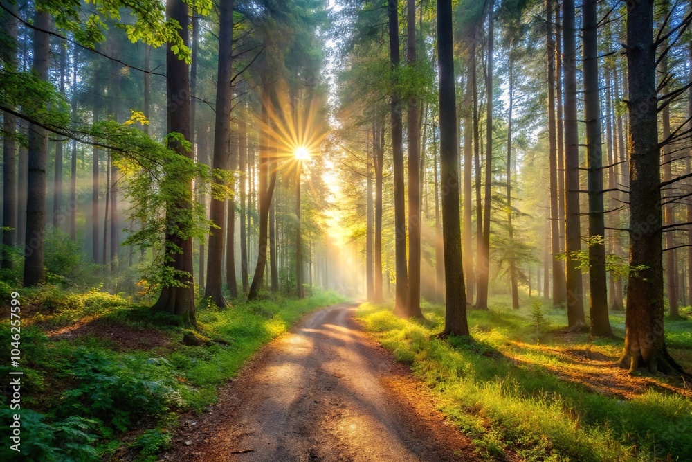 Fototapeta premium Stunning morning scene on forest path with light filtering through trees