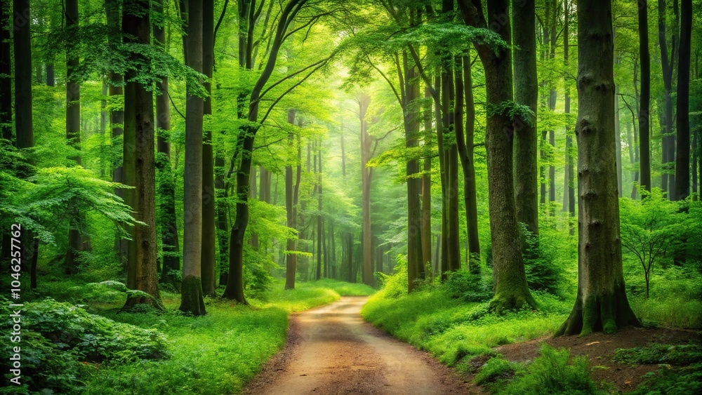 Fototapeta premium A lush green forest with tall trees and a winding path leading into the foliage, foliage, trailhead, arboreal landscape, leafy canopy