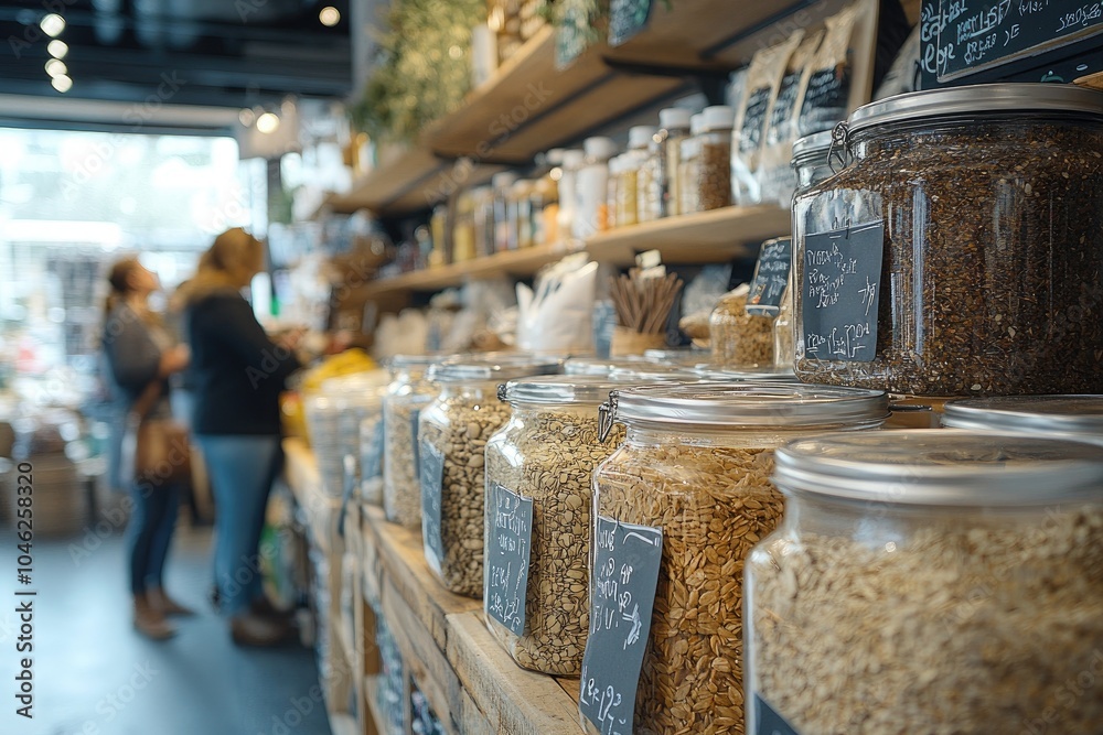 Fototapeta premium Customers choosing dried fruits and nuts in zero waste shop