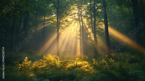 Sunbeams lighting up lush green forest floor