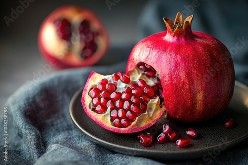 Ripe red pomegranate revealing its juicy seeds on dark plate photo