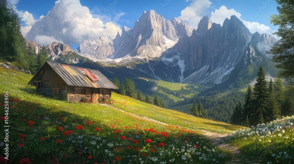 custom made wallpaper toronto digitalSerene Mountain Landscape with Rustic Cabin and Flowers