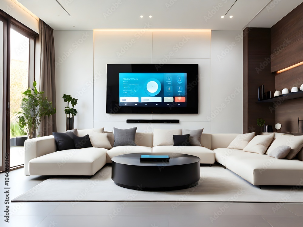 Futuristic Smart Home and Cutting-Edge Technology for Comfort and Security, Living room integrated with smart home technology. Futuristic Smart Home and Cutting-Edge Technology for Comfort and Security, Living room integrated with smart home technology.