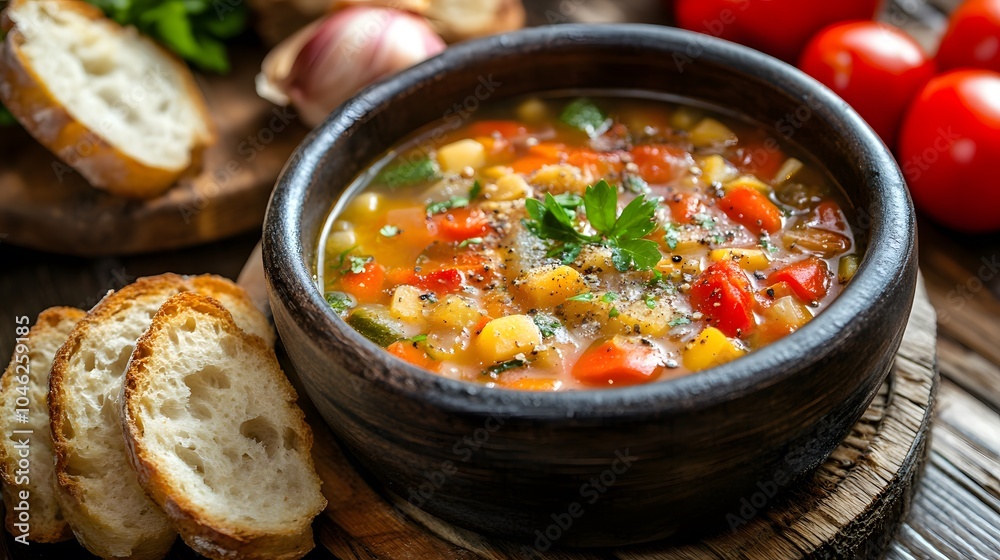 Fresh vegetable soup, a gourmet dish with homemade bread Fresh vegetable soup, a gourmet dish with homemade bread