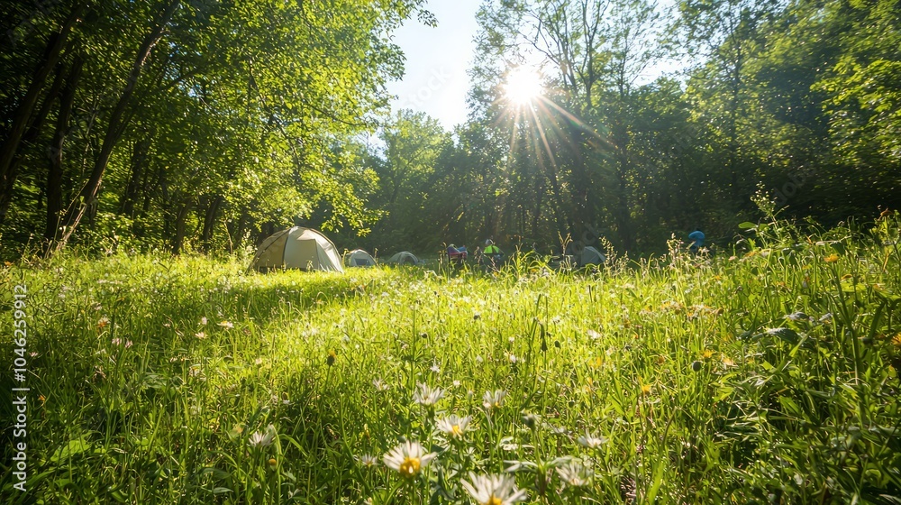 Fototapeta premium Wilderness Delight: Campers Setting Up Tents Amidst Wildflowers in Picturesque Nature Campsite with Strong Camaraderie Vibes