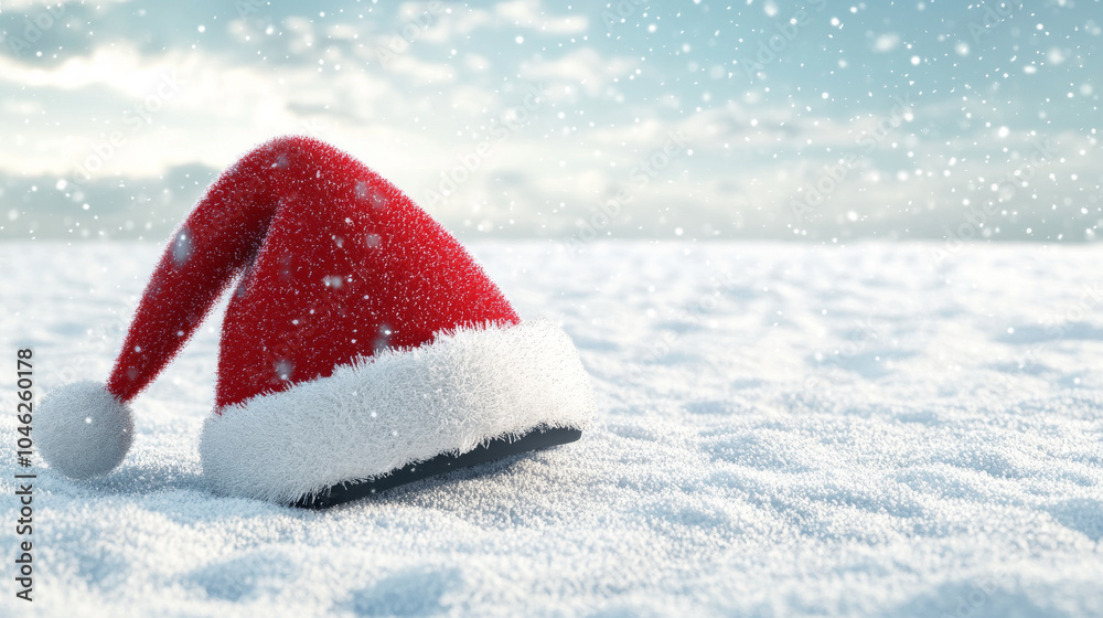 festive red Santa hat with white fur trim rests on snowy landscape, surrounded by falling snowflakes, evoking cheerful holiday spirit festive red Santa hat with white fur trim rests on snowy landscape, surrounded by falling snowflakes, evoking cheerful holiday spirit