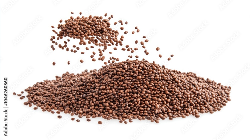 A pile of small brown seeds with some scattering above. A pile of small brown seeds with some scattering above.