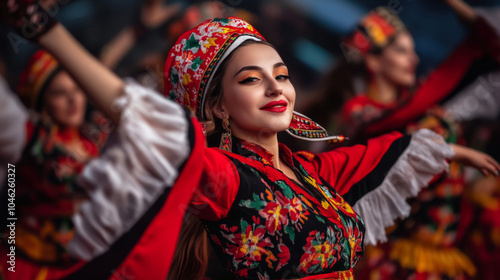 A dynamic scene of Bulgarian folk dance with dancers jumping and spinning, accompanied by traditional bagpipe music photo