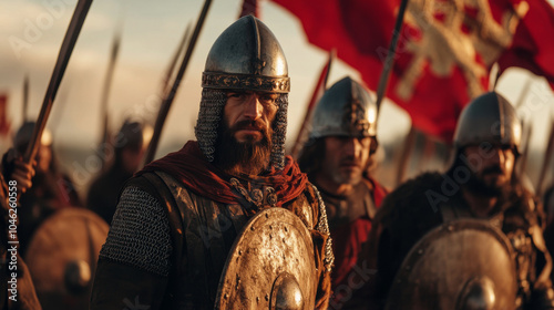 A historical reenactment of Bulgarian warriors defending a medieval fortress, with actors dressed in period armor photo