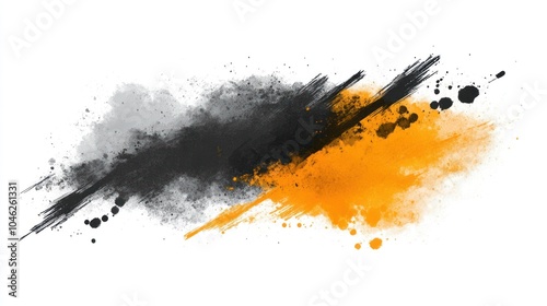 Abstract splash of black and orange paint with textured brush strokes. photo