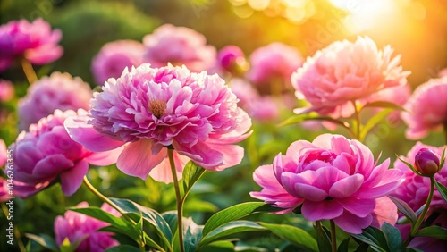 Stunning peony blooms in morning sunshine